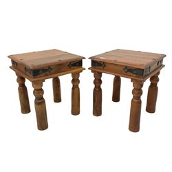 Pair hardwood lamp tables, the iron bound and studded box tops raised on turned supports 