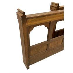 Two 19th century oak ecclesiastical church rails or pew dividers, each with four panels and stepped and point ogee brackets (W157cm, H90cm & W143cm H90cm)