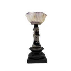 Small Derbyshire Blue John pedestal bowl with wavy rim, on a carved agate stem and turned ebonised plinth, H11cm 