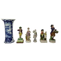 19th century Staffordshire Pearlware figures depicting a pair of musicians, another pearlware figure representing Autumn, Sitzendorf porcelain figure, Delft vase of octagonal form H31cm and two other figures (6)