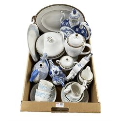 Collection of Oriental blue and white ceramics, Royal Doulton Hampton Court part tea set and Wedgwood Clio pattern tureen, oval platter, coffee pot, sucrier and cream jug, in one box