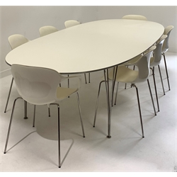  Arne Jacobson et al. for Fritz Hansen - Contemporary 'Super Elliptical' dining table with white laminate top raised on chrome supports, (130cm x 300cm) together with a set of eight Fritz Hansen 'Nap' dining armchairs, with ribbed moulded nylon seats raised on chrome supports (W60cm)  
