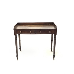Victorian mahogany side table, raised gallery back, fitted with two cock beaded drawers, on turned supports and castors