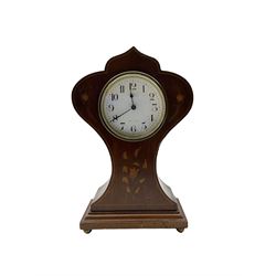 Early 20th century Art Nouveau period 8-day French timepiece mantel clock - Mahogany case with inlaid decoration on a shallow plinth raised on bun feet, enamel dial with Arabic numerals,  minute track and steel spade hands, replacement lever platform escapement, wound and set from the rear. 