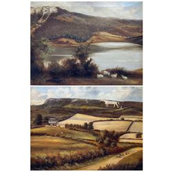 J Clarke (British early 20th century): 'The White Horse Hambleton Yorkshire' and 'Lake Gormire Thirsk', pair oils on canvas signed titled and dated 1910, 40cm x 51cm (2)