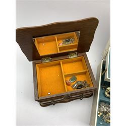 Victorian burr walnut jewellery box decorated with rosewood strapwork and rivets, L23cm, together with two other jewellery boxes containing various pieces of costume jewellery including a Victorian cameo brooch, bird claw brooch, earrings, necklaces etc 