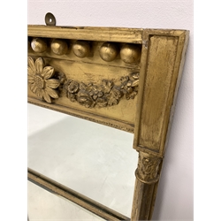 Pair Regency gilt wood and gesso pier glass mirrors, the globular frieze decorated with central flower head and floral swags, two sectional mirror with plain and bevelled plates, cluster column pilasters with acanthus capitals, 49cm x 143cm