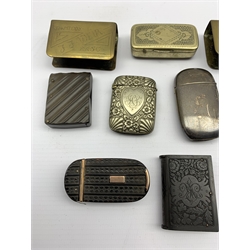 19th century horn cushion shape snuff box, two Trench Art match box holders and a number of vesta cases in Bakelite, silver plate etc (14)