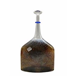 Bertil Vallien for Kosta Boda, satellite glass vase of compressed square form with bottle neck, with applied blue ring to neck, engraved signature, numbered 89253, H31cm