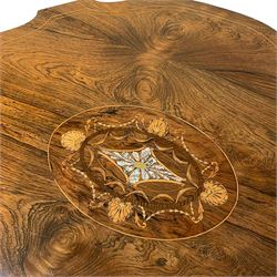 Edwardian rosewood centre table, circular shaped and moulded top with central oval panel decorated with mother of pearl surrounded by boxwood inlays, shell motifs and floral garlands, square tapering supports inlaid with trailing foliate and ribbons, brass sockets and ceramic castors 