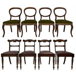 Harlequin set of eight 19th century mahogany dining room chairs, the William IV chairs with a scrolled foliate carved cresting rail and acanthus leaf carved centre rail, oxblood leather drop-in seat over octagonal tapered supports (W47cm H87cm), Victorian set of four balloon back chairs with peridot green seats, on cabriole supports (W48cm H88cm)