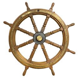 Large mahogany eight spoke ships wheel with brass banding D130cm