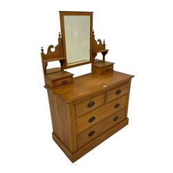 Edwardian satin walnut dressing chest, rectangular swing mirror with bevelled plate flanked by two small mirrors over trinket drawers, fitted with two short and two long drawers on plinth base