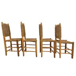 Set four beech framed dining chairs, with wicker lattice back and rush seat, together with matching carver chair 