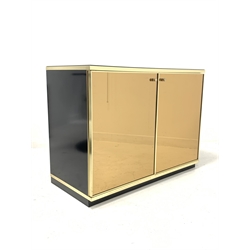Renato Zevi  for metal craft -Mid century 'Hollywood Regency' retro bronze tinted cupboard, back glazed top over two doors enclosing shelf, black lacquered sides and plinth base 