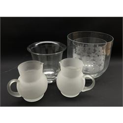 Pair of frosted glass jugs and three large glass vases 