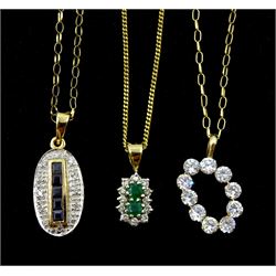 Three 9ct gold pendant necklaces including emerald and diamond, princess cut sapphire and pave set diamond and cubic zirconia