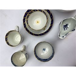 18th Century Worcester trio of tea bowl, coffee cup and saucer of spiral fluted design decorated in blue and white and with open crescent mark, Liverpool wreath pattern cup, small blue and white sauce boat and two other pieces