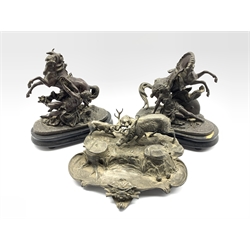 Spelter inkstand fitted with two inkwells and pen tray formed as a Stag hunting scene W29cm and a pair of Spelter horses with female warriors 25cm x 24cm