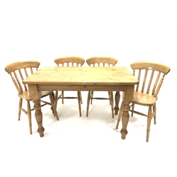 Solid pine rectangular farmhouse table (74cm x 122cm, H72cm) and four beech chairs, raised on ring turned supports, (W44cm)