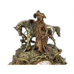 French - 19th century brass cased 8-day mantle clock surmounted with a figure of a lady in 18th century dress leading a horse, with a white enamel dial, Roman numerals and steel moon hands, twin going barrel movement with rack striking on a bell. With pendulum. 
