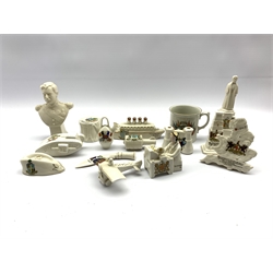 Quantity of WW1 crested ware including Lusitania, Listening In, Blighty, aeroplane etc by various makers including Carlton, Arcadian etc (15)