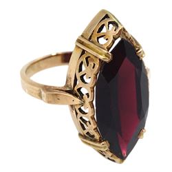 10ct gold single stone marquise shaped garnet ring, with pierced gallery