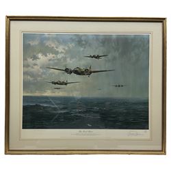 Frank Wootton (British 1911-1998): 'Battle of Britain Memorial Trust 60th Anniversary', limited edition colour print No. 18/500  signed in pencil by the artist and WWII BOB pilots; Gerald Coulson (British 2026-2021): 'The First Blow', limited edition colour print No. 657/1089 signed in pencil by the artist and flight lieutenant George Booth max 46cm x 68cm (2)