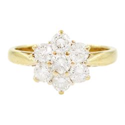 18ct gold diamond cluster ring, hallmarked, total diamond weight 1.00 carat