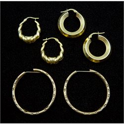Three pairs of 9ct gold hoop earrings, stamped or hallmarked, approx 8.1gm
