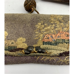 19th century Japanese embroidered tobacco pouch (tabako-ire) with bronze mae-kanagu in the form of fruit, carved ojime bead and woven bamboo pipe case (Kiseruzutsu) L22cm