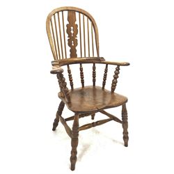 19th century and later Windsor armchair, hoop spindle and splat back, shaped seat, raised on turned supports united by double 'H' stretcher W66cm