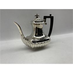 Late Victorian silver coffee pot with gadrooned edge and half body decoration with ebonised handle and lift H21cm Birmingham 1901 Maker Elkington & Co 22.4oz gross