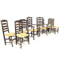  Matched set eight (6+2) 19th century oak and ash ladder back dining chairs, with rush seats and turned supports, W62cm  