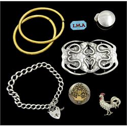 Art Noveau silver buckle by Deakin & Francis Ltd, Birmingham 1903, silver ring box by James Deakin & Sons, Chester 1903, silver enamel brooch initialled I.M.A, silver curb link bracelet, two rolled gold bangles, cockerel brooch and one other brooch