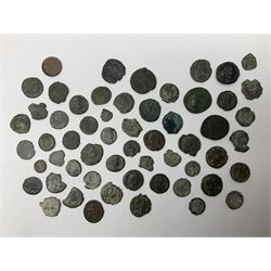 Mixed group of approximately seventy four bronze, copper and copper-alloy coinage, predominately Roman Imperial, to include Hadrian, Aurelian, Diocletian, Constantine the Great, further coins to include Charles I copper farthing 