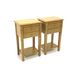 Pair of 20th century beech bedside tables, with slide over two drawers, raised on square tapered supports united by under tier 40cm x 30cm, H67cm