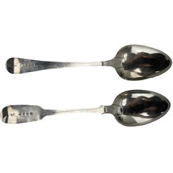 George III silver table spoon London 1808 Maker Stephen Adams, Victorian silver table spoon, pair of George IV fiddle pattern dessert spoons London 1828 Maker Robert Hennell, another dessert spoon, two teaspoons and a pair of sugar tongs (8)