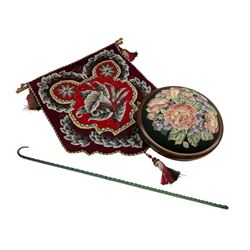 Green twisted glass walking stick, beadwork banner and a Victorian style footstool (3) 