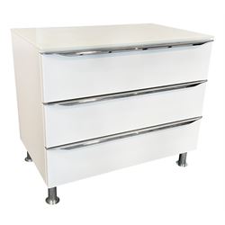Hülsta Metis Plus - white gloss, opaque glass and polished metal three drawer chest, retailed by Redbrick Mill of Batley