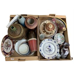 Wedgwood plate, Chinese saucers, Cobridge stoneware flambe glazed vase and other ceramics in two boxes 
