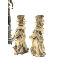 Pair of French Spelter figures after H Tremo and a pair of 19th century pottery candlesticks each modelled as two-faced monks, H19cm (4)