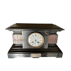 French - Late 19th century Belgium slate 8-day mantle clock, with a flat top and break front case, contrasting red marble panels incised with gilt decoration, on a rectangular plinth with a silver presentation plaque, Enamel dial with roman numerals, minute track and steel moon hands, cast brass bezel with bevelled glass, striking movement striking the hours and half hours on a bell. No pendulum.