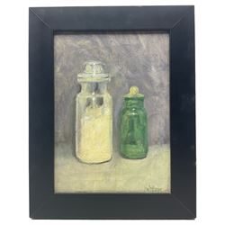 Barry De More (Northern British 1948-2023): Still Life of 'Two Glass Jars of Paint', oil on board signed, titled and dated '91 verso 26cm x 19cm
Provenance: direct from the family of the artist Notes: a Yorkshire Artist and Associate Member of Dean Clough Studio Artists, De More's works have been exhibited in galleries such as The Stirling Smith Art Gallery and The Whitaker Museum