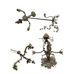 Ornate French brass three branch ceiling light with remains of glass drops H40cm and three other French brass light fittings