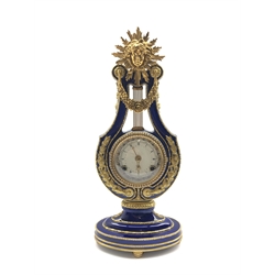 V&A Marie-Antoinette sun king gilt metal mounted porcelain mantle clock, with jewelled bezel and white Roman dial, half hour movement striking on a bell, H39cm