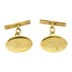 Pair 18ct gold cufflinks, with engraved pheasant decoration, Sheffield 1989