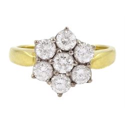 18ct gold seven stone round brilliant cut diamond daisy cluster ring, hallmarked, total diamond weight approx 1.00 carat