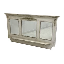 Classical painted three glass overmantle wall mirror, with bevelled plates and open shelf