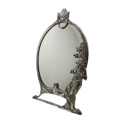 WMF Art Nouveau pewter dressing table mirror of oval form the bevelled plate flanked by a maiden playing pipes with easel strut back, stamped marks and number 315 H41cm